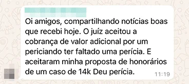 Print de WhatsApp: aluno relata que o juiz aceitou a cobrança adicional pela falta do periciando e aprovou sua proposta de honorários de R$ 14 mil